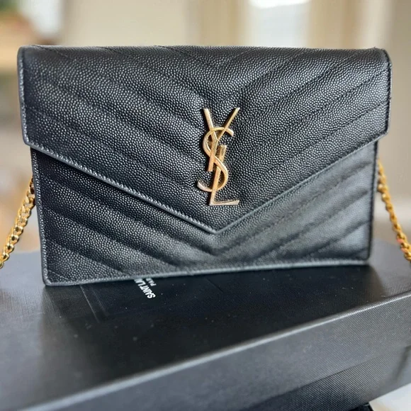 SAINT LAURENT MATELASSE CHAIN WALLET with gold chain